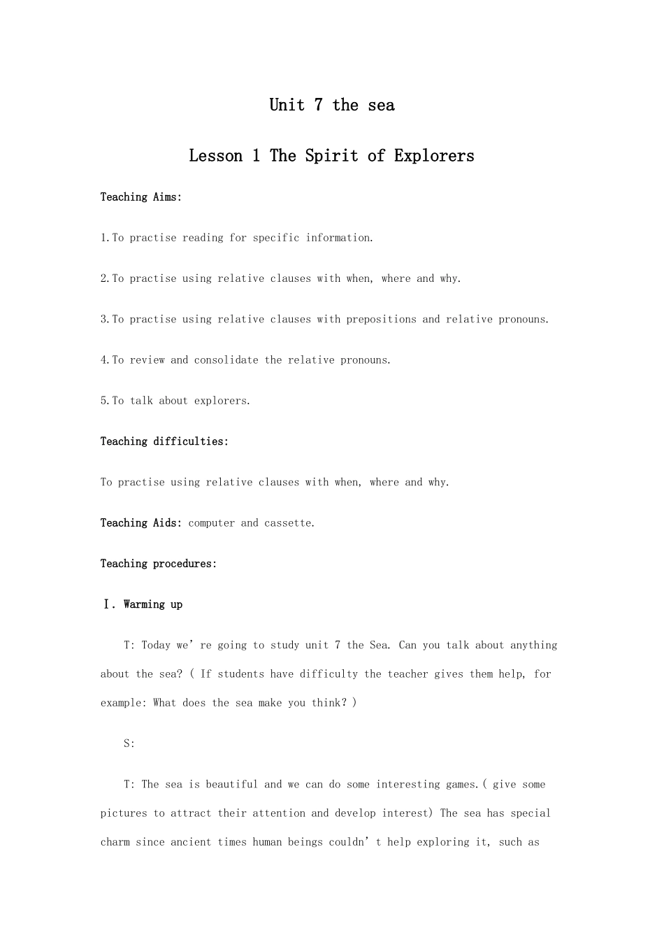 北师大版高一英语教案 Unit 7 the sea  Lesson 1 The Spirit of Explorers-北师大版高一全册英语教案_第1页