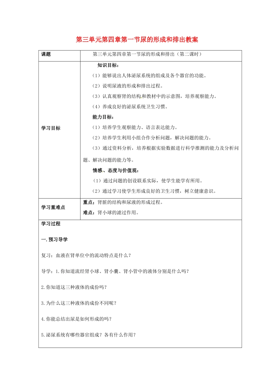 七年级生物下册 第三单元第四章第一节人体内废物的排出教案2 济南版_第1页