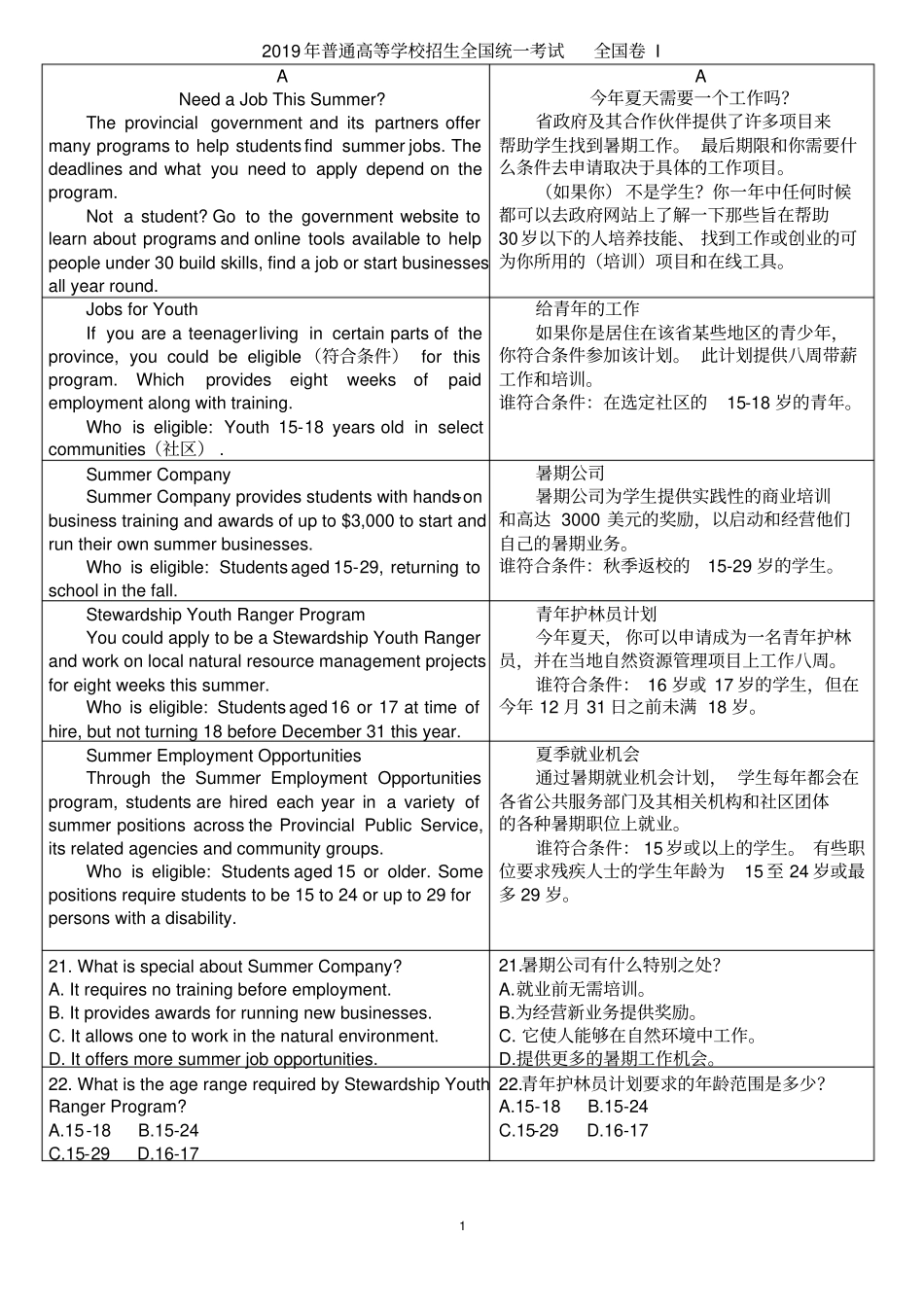 (打印版)2019高考英语全国I卷真题全文讲解,精深翻译_第1页