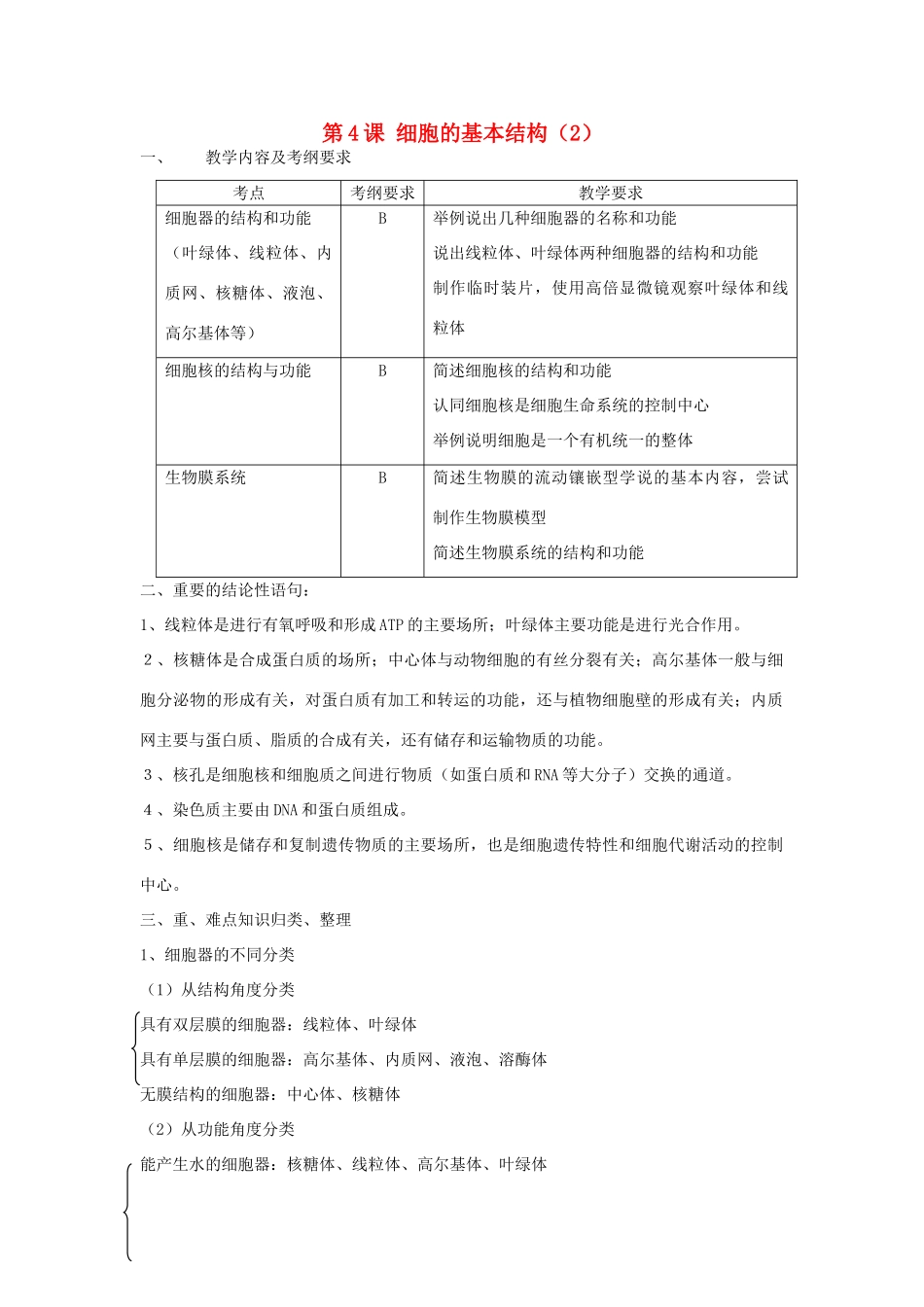 高中生物 第4课 细胞的基本结构教案 新人教版必修1_第1页
