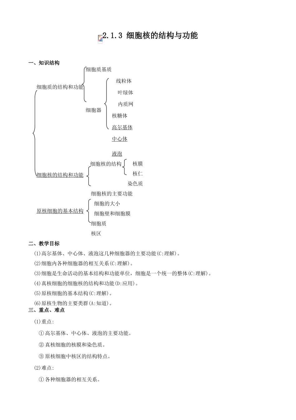 高中生物细胞核的结构与功能教案 人教版 必修1_第1页