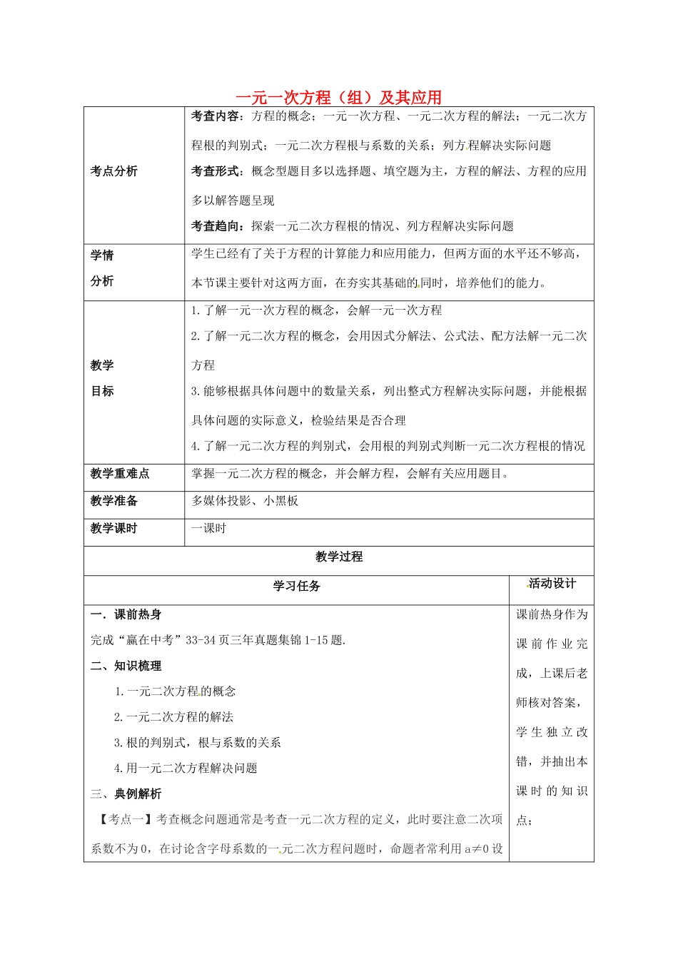 山东省潍坊高新技术产业开发区中考数学总复习 一元二次方程及其应用教案-人教版初中九年级全册数学教案_第1页