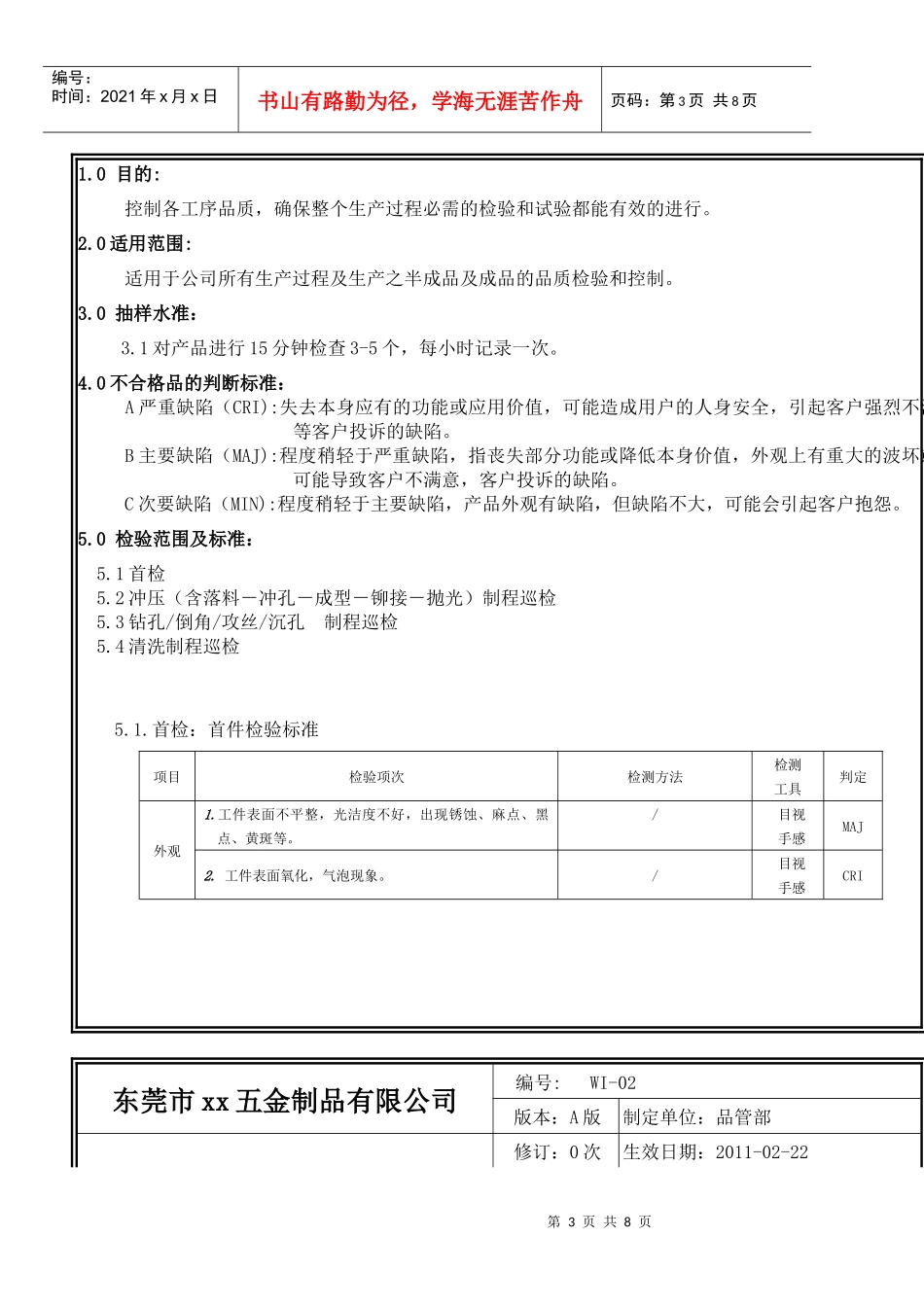 五金制品公司品管部制程检验标准_第3页
