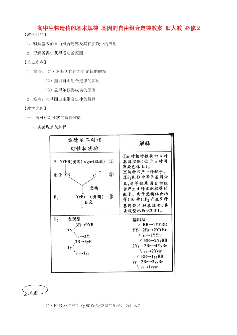 高中生物遗传的基本规律 基因的自由组合定律教案 旧人教 必修2_第1页