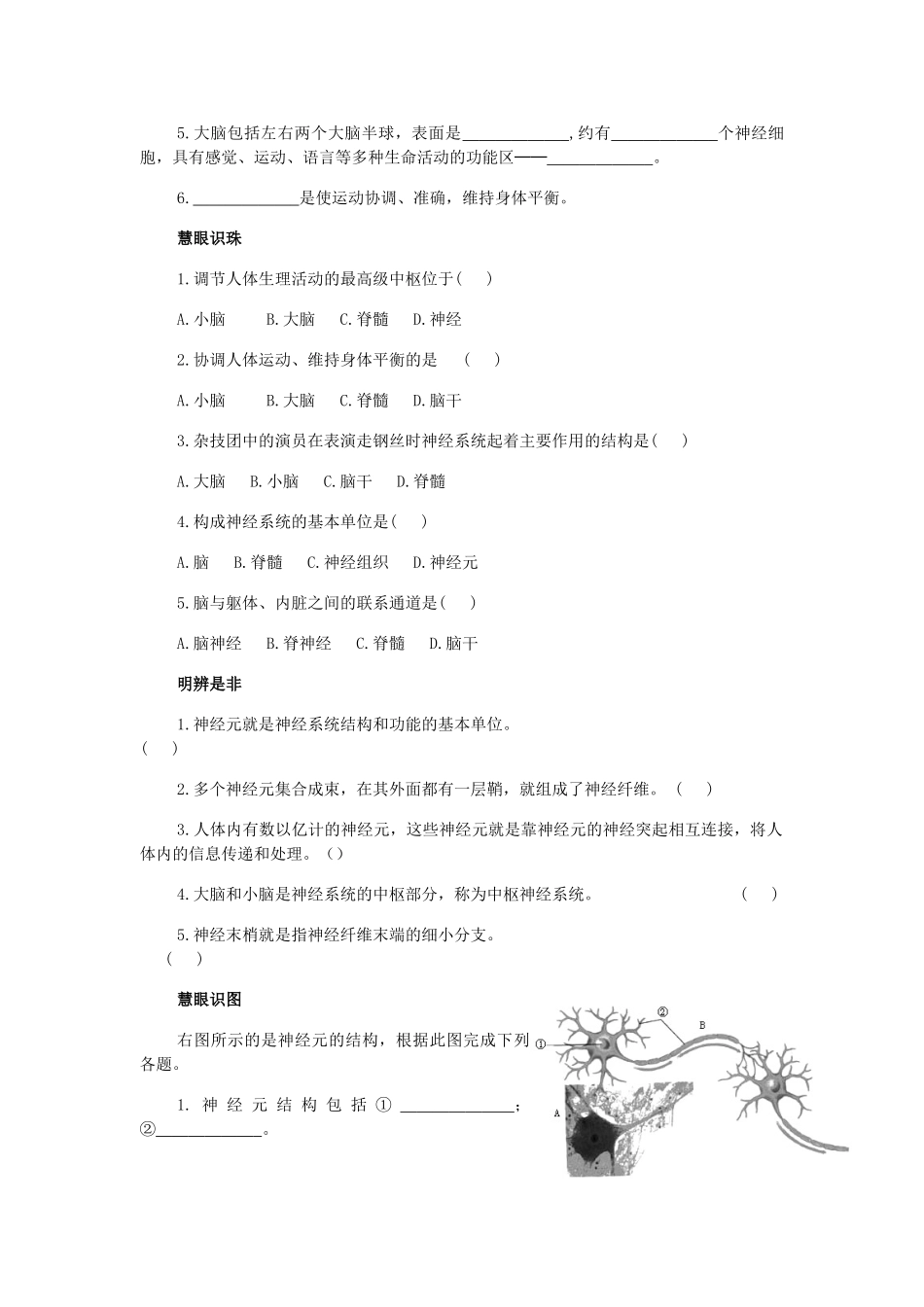 山东省泰安新泰市七年级生物下册 6.2 神经系统的组成练习题 新人教版_第2页