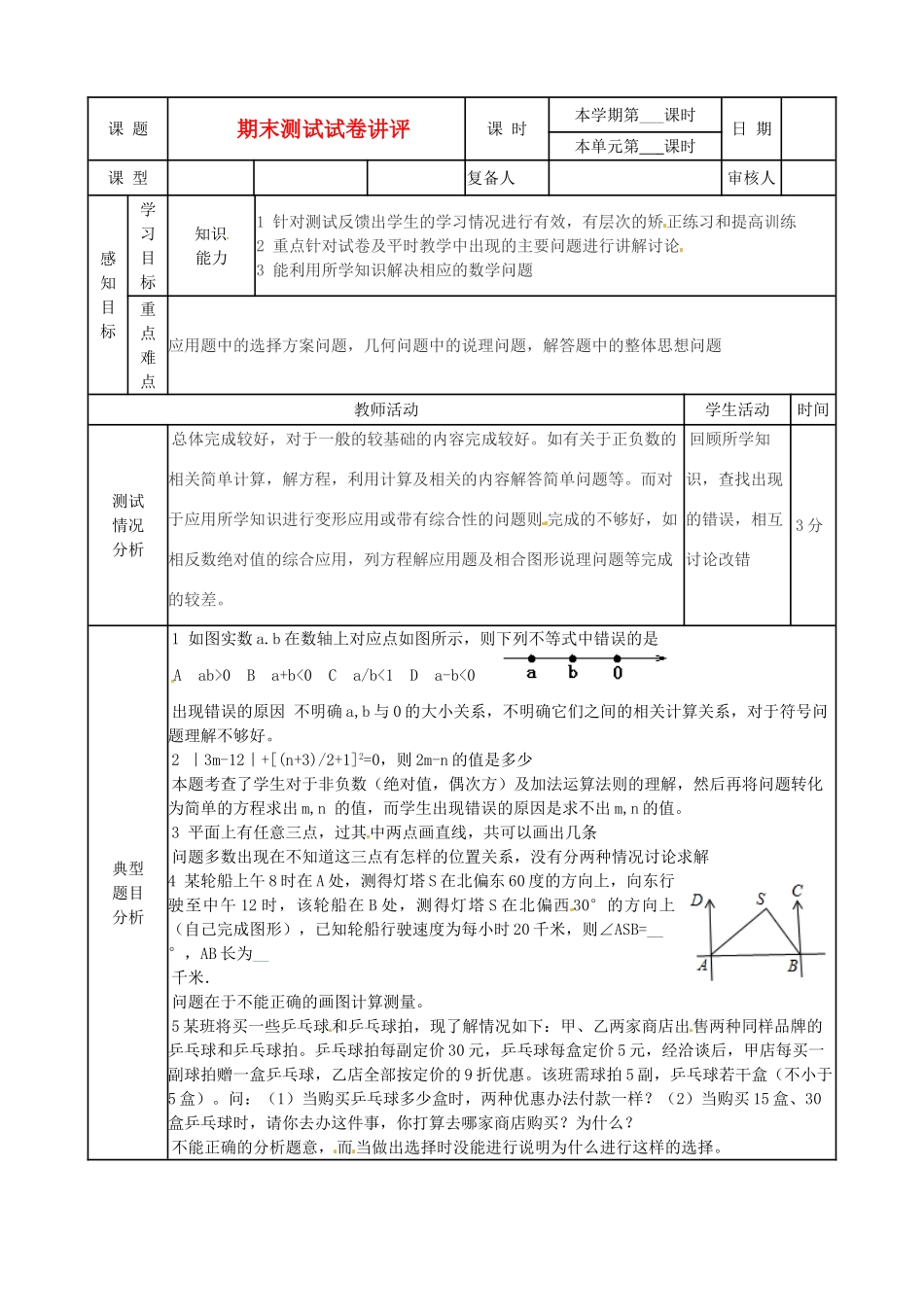 山东省滨州市邹平实验中学七年级数学下册 2期末试卷讲评教案 新人教版_第1页