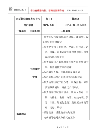 XX物业管理有限公司各部门职能、岗位说明书