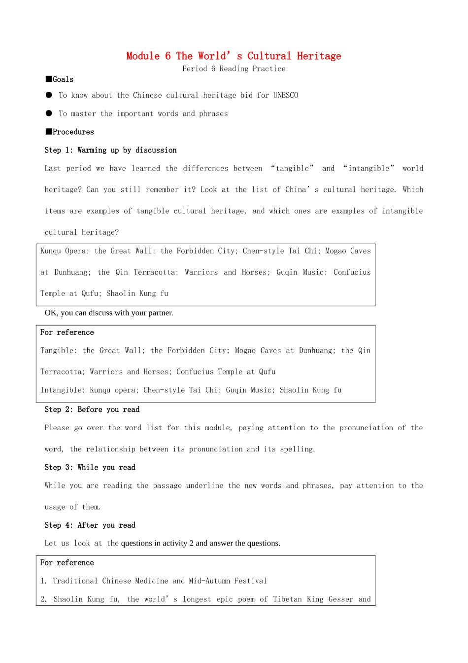 高中英语 Module 6 The World’s Cultural Heritage-(Period 6-7)素材 外研版选修7_第1页