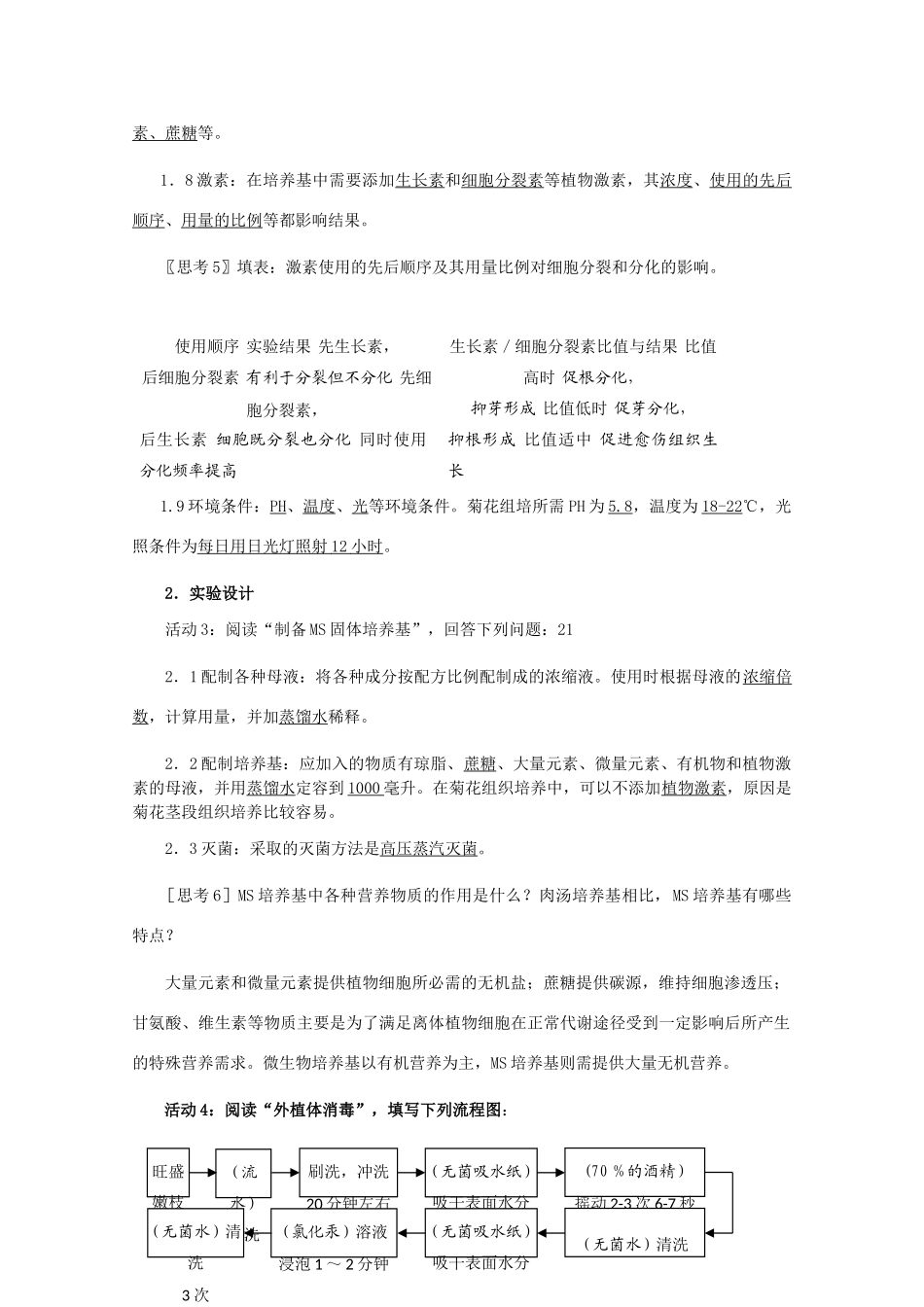 高中生物：3.1 菊花的组织培养 教案（1）（新人教版选修1）_第3页