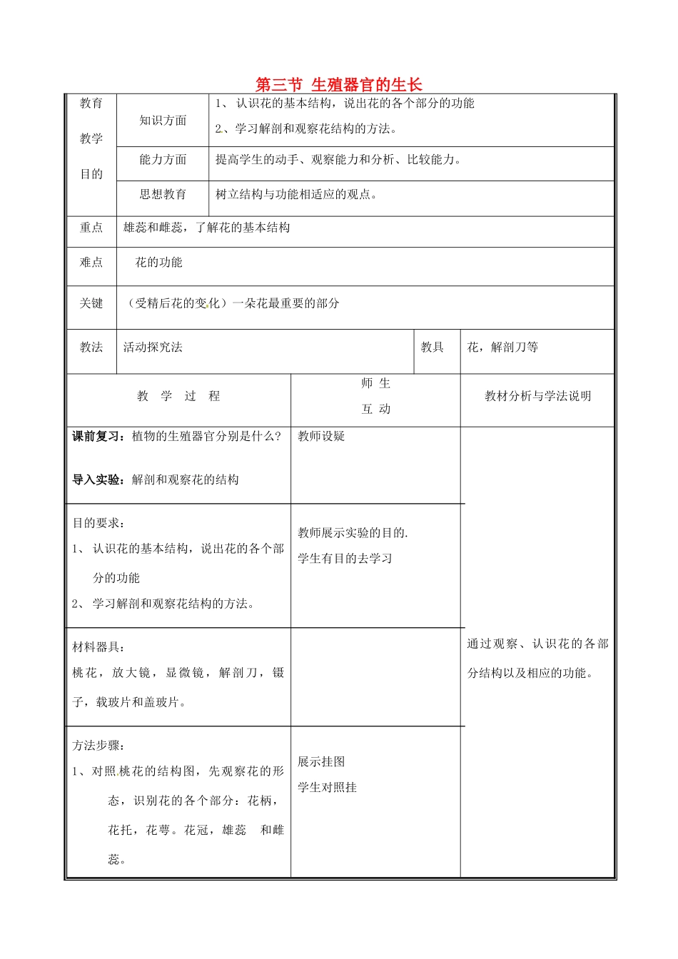 七年级生物上册 6.3 生殖器官的生长教案1 北师大版-北师大版初中七年级上册生物教案_第1页
