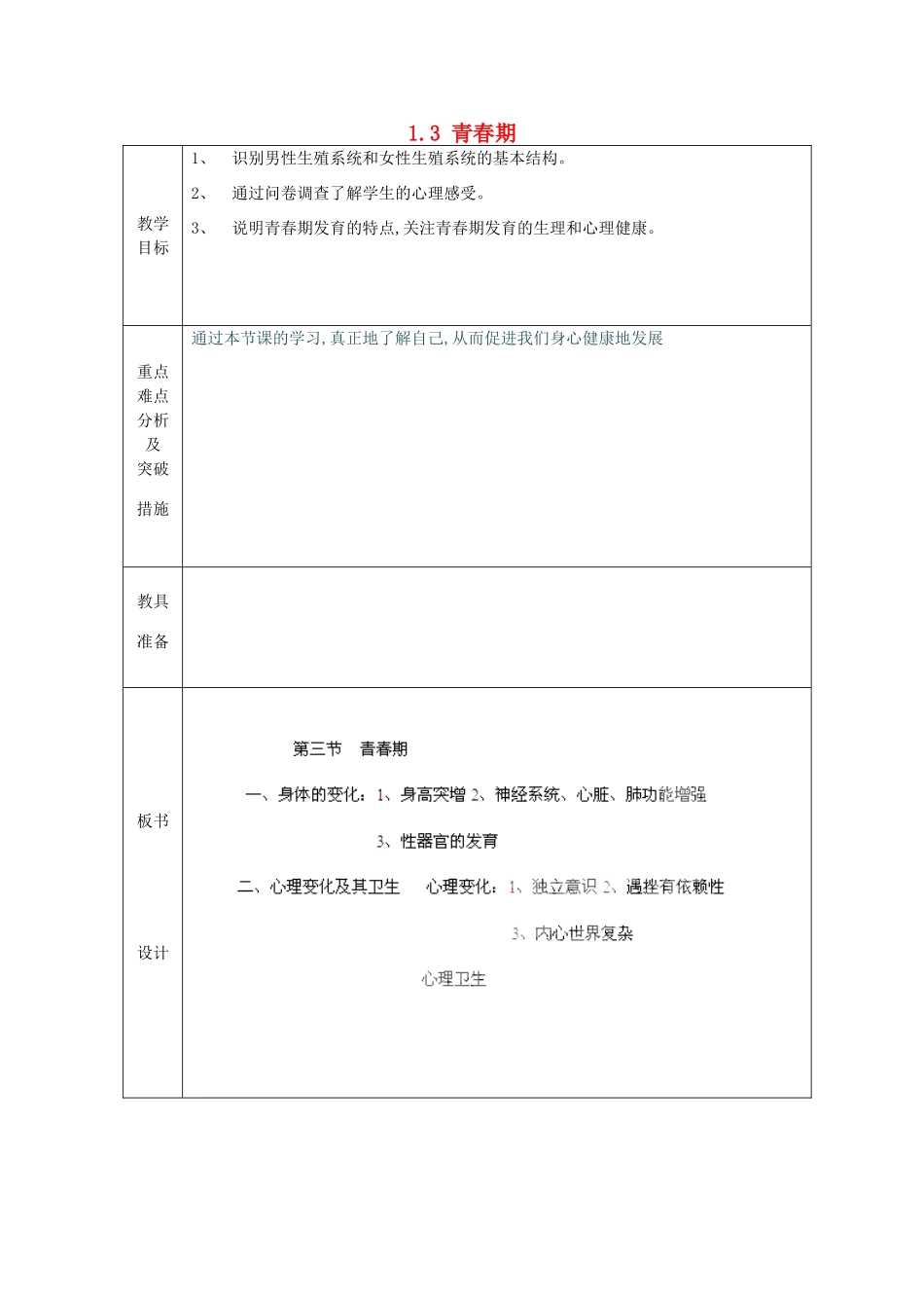 山东省龙口市诸由观镇诸由中学七年级生物下册 1.3 青春期教案2 新人教版_第1页