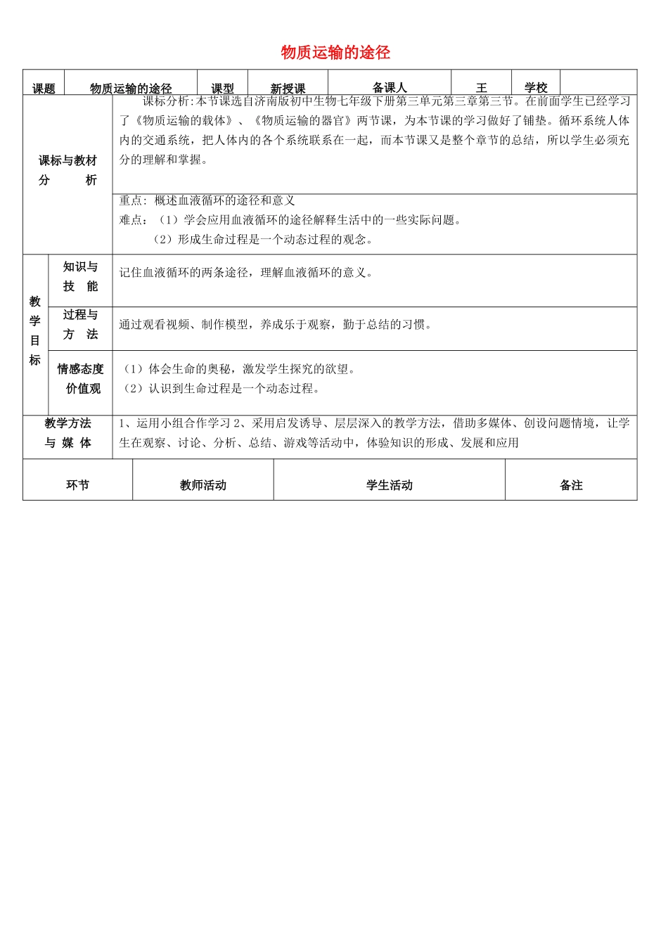 七年级生物下册 第三单元 第三章 第三节 物质运输的途径教案 （新版）济南版-（新版）济南版初中七年级下册生物教案_第1页