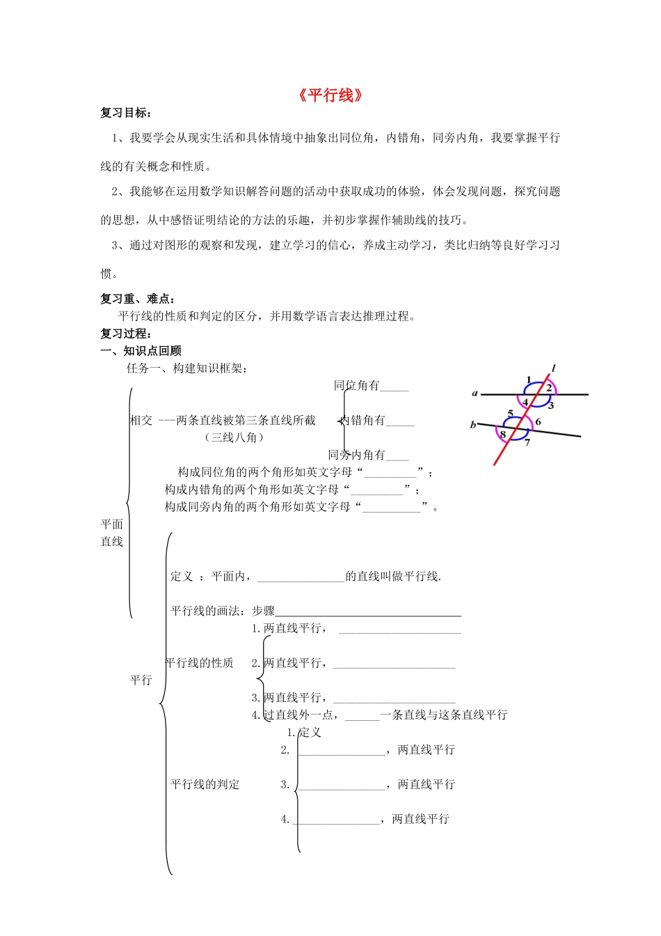 七年级数学下册 第9章 平行线复习教学设计 （新版）青岛版-（新版）青岛版初中七年级下册数学教案_第1页