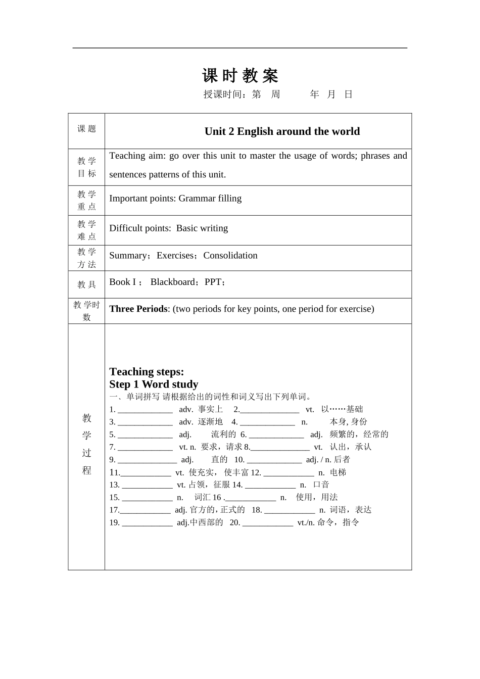 高三英语Book 1 Unit 2 English around the world复习(表格式)教案新人教版_第1页