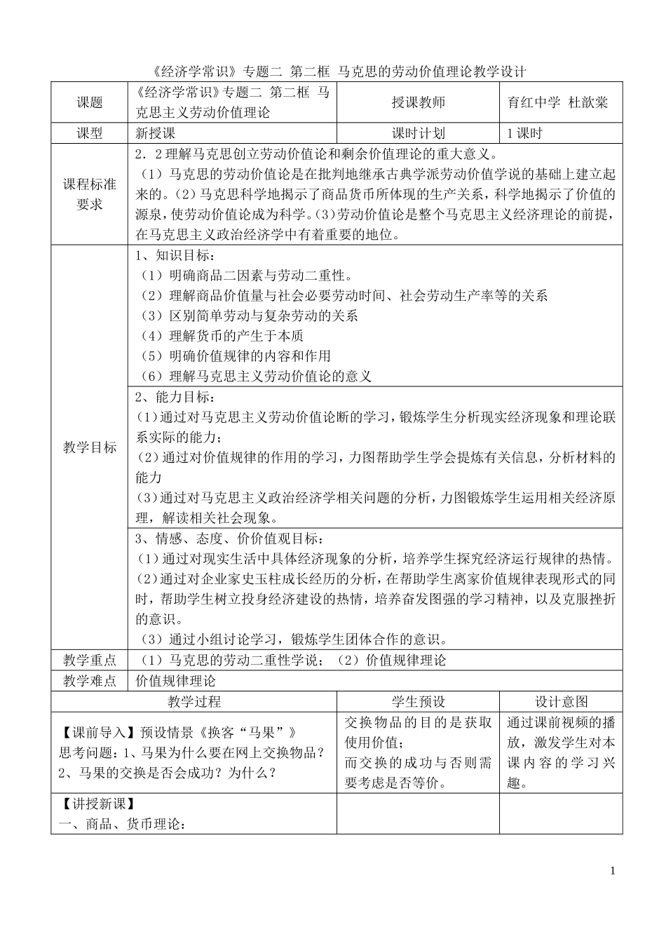 高考政治 马克思的劳动价值论教案 新人教版选修2_第1页
