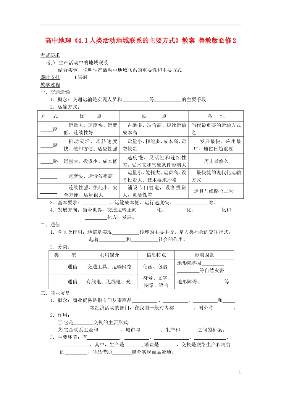 高中地理《4.1人类活动地域联系的主要方式》教案 鲁教版必修2_第1页