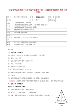 山东省枣庄市第四十二中学九年级数学下册《3.8圆锥的侧面积》教案 北师大版