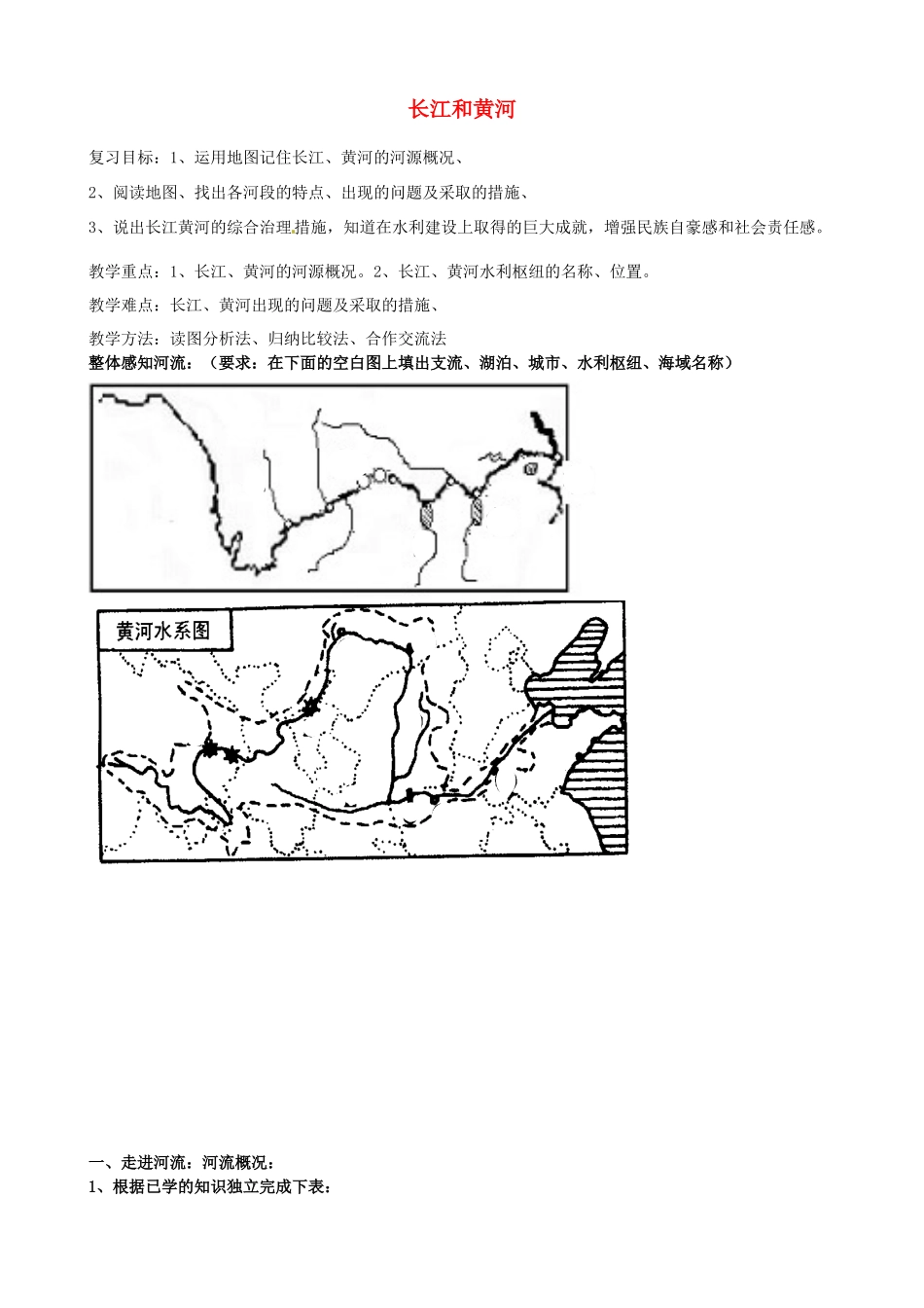 山东省菏泽市定陶县陈集镇中学八年级地理上册 第三节 长江和黄河复习教案 新人教版_第1页
