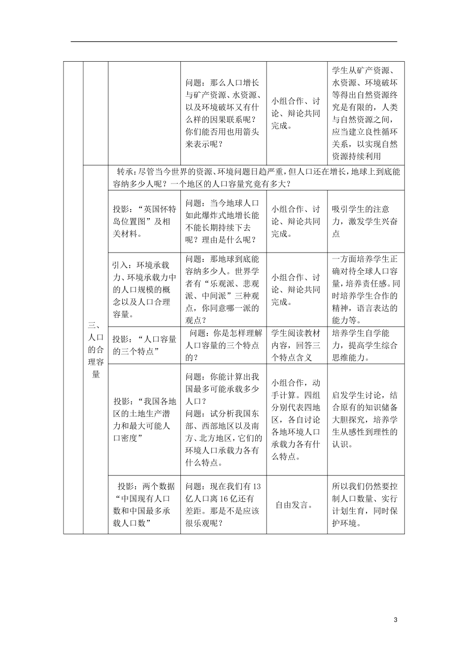 高中地理 第一章 第二节 人口合理容量教案 湘教版必修2_第3页