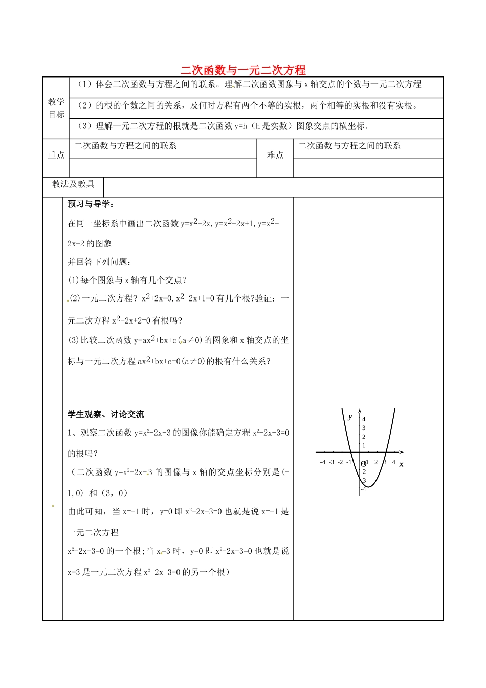 九年级数学下册《6.3 二次函数与一元二次方程》教案1 苏科版-苏科版初中九年级下册数学教案_第1页