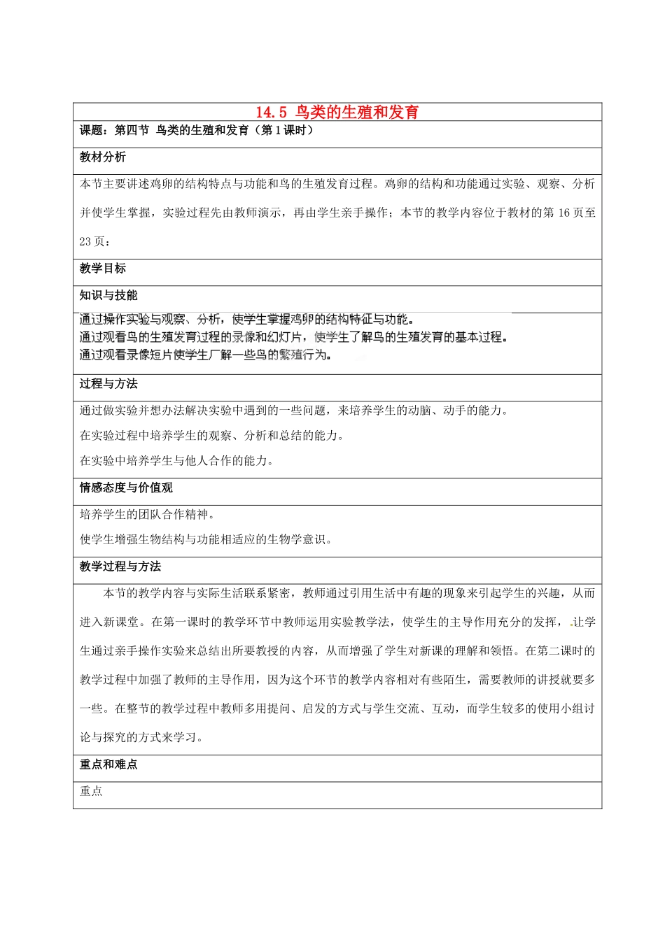 辽宁省鞍山市千山区甘泉初级中学八年级下册 14.5 鸟类的生殖和发育教案 苏教版_第1页