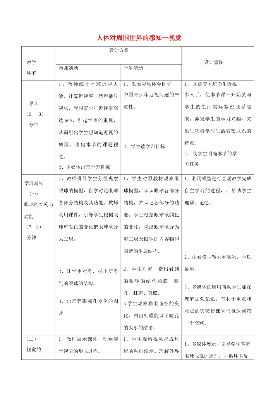 七年级生物下册 第三单元 第五章 第四节 人体对周围世界的感知教案 （新版）济南版-（新版）济南版初中七年级下册生物教案_第1页