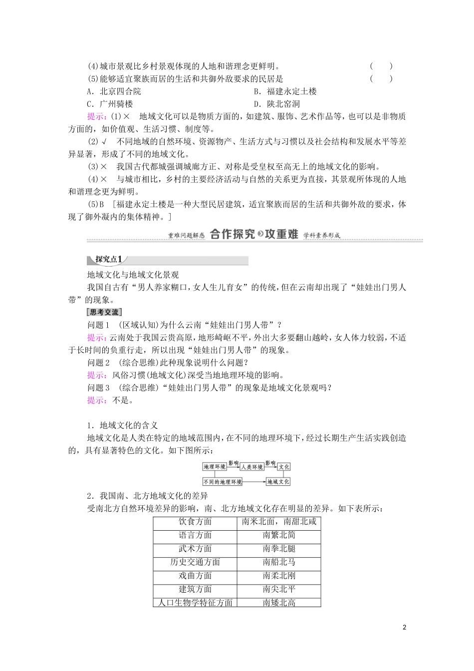 高中地理 第2章 乡村和城镇 第2节 地域文化与城乡景观教案 中图版必修第二册-中图版高中必修第二册地理教案_第2页