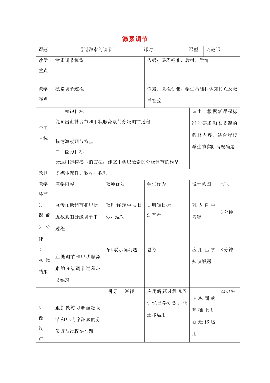高中生物 第二章 动物和人体生命活动的调节 2.2 通过激素的调节（4）教案 新人教版必修3-新人教版高二必修3生物教案_第1页