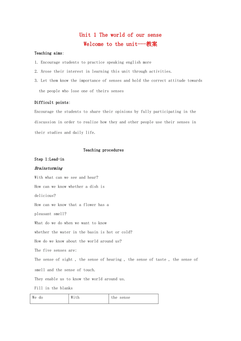高中英语 Unit 1 The world of our sense-welcome精品教案 牛津译林版必修3_第1页