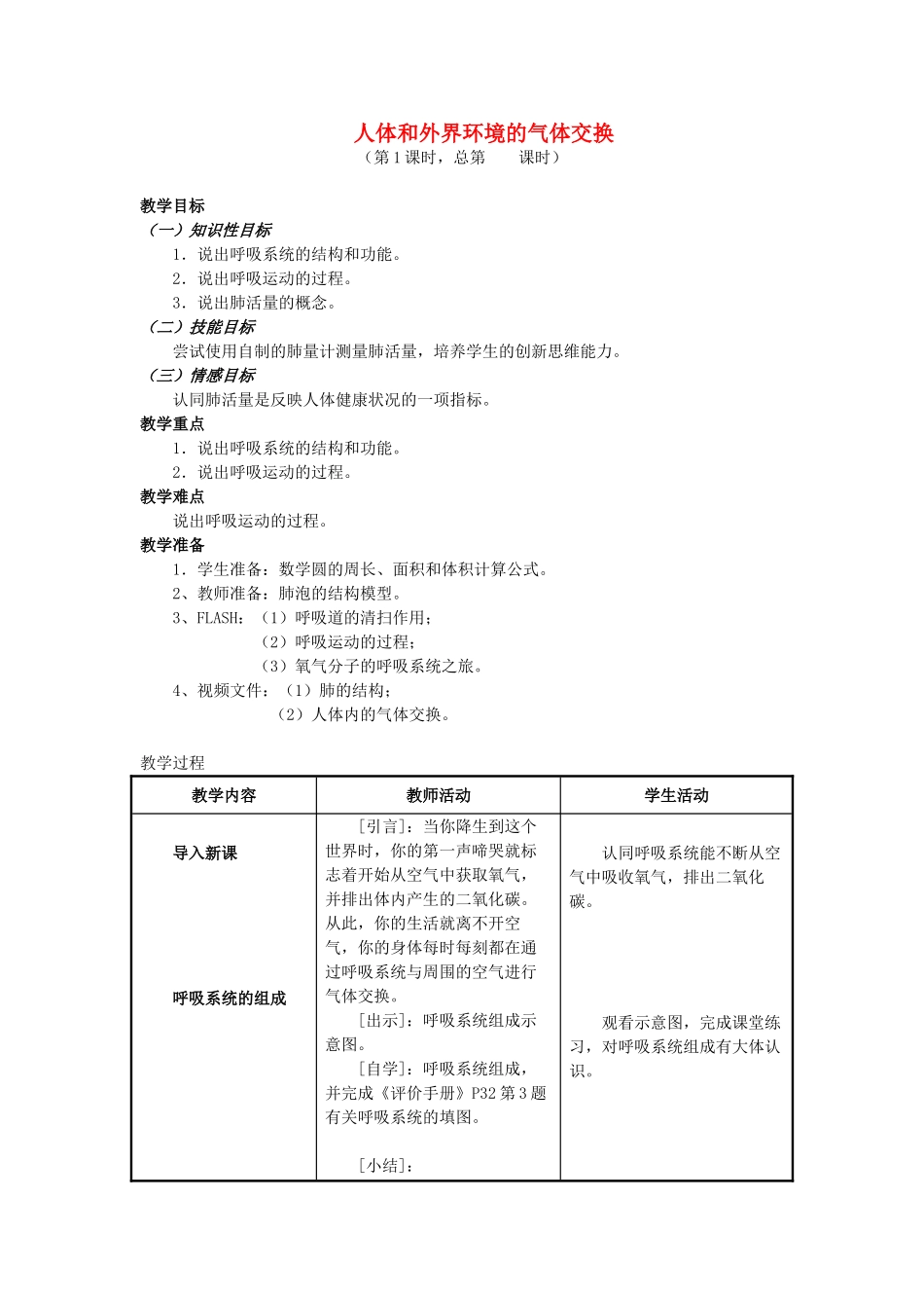 七年级生物下册 4.10.3人体和外界环境的气体交换教案 苏教版-苏教版初中七年级下册生物教案_第1页