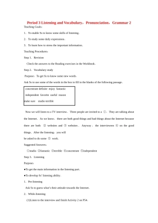 高中英语 Module 6 Teaching plan-Period 3 Listening and Vocabulary，Pronunciation，Grammar 2教案 外研版必修1-外研版高一必修1英语教案