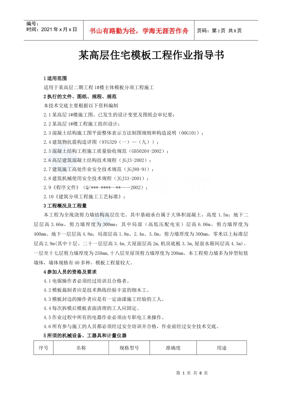 429某高层住宅模板工程作业指导书_第1页