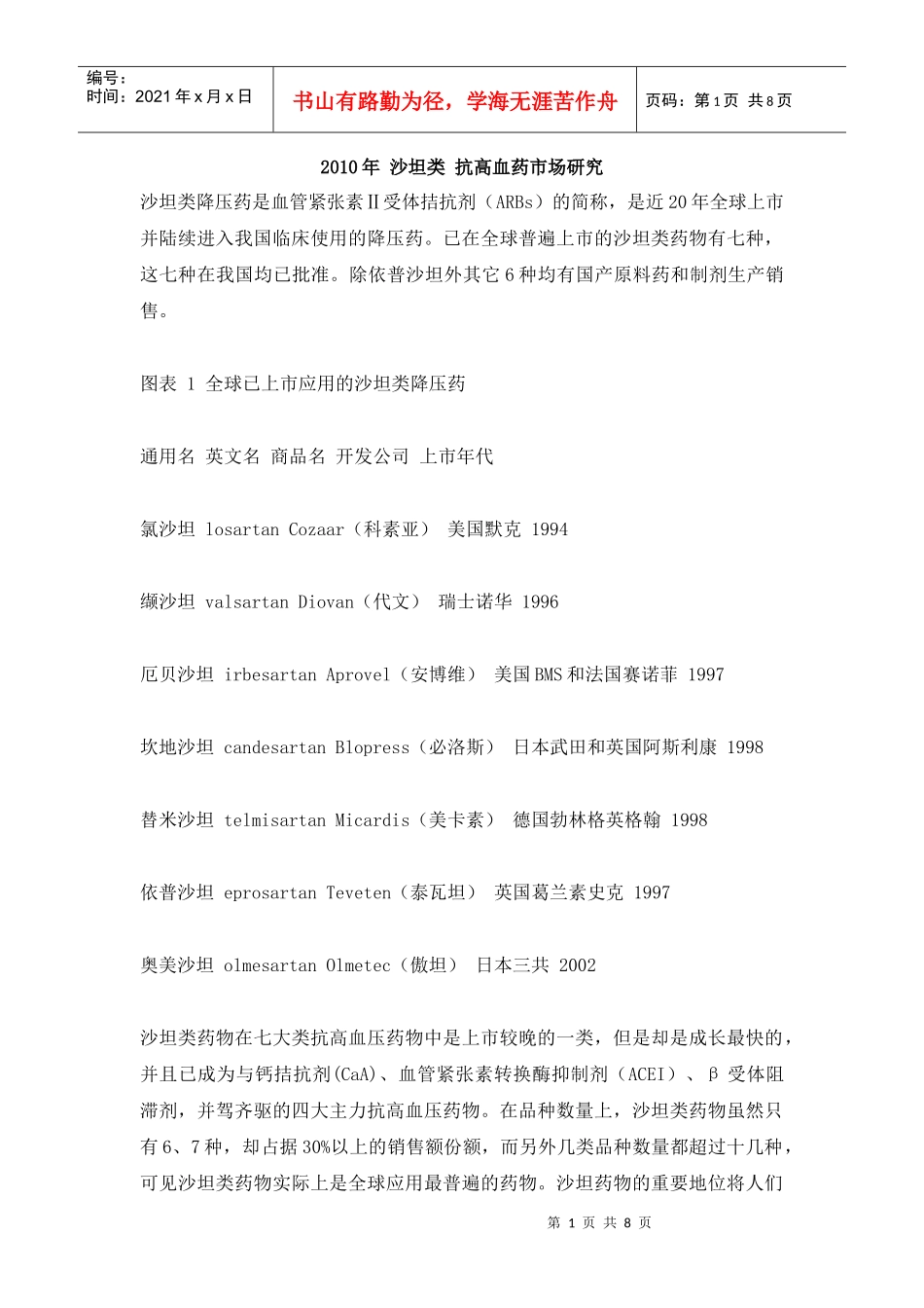 XXXX年沙坦类抗高血药市场研究_第1页