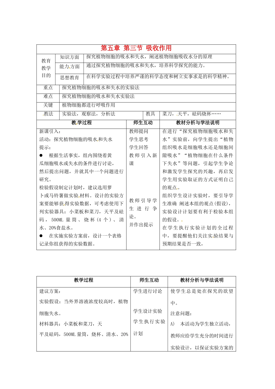 七年级生物上册 5.3 吸收作用教案1 北师大版-北师大版初中七年级上册生物教案_第1页