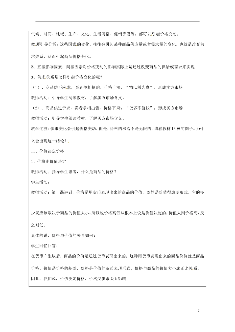 甘肃省民勤县第六中学高中政治《供求影响价格》教学设计 新人教版必修1_第2页