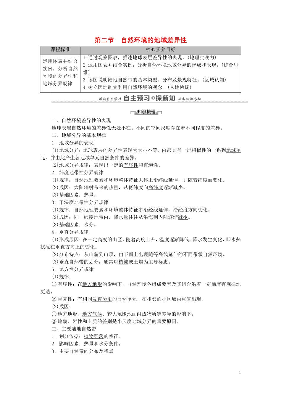 高中地理 第5章 自然环境的整体性与差异性 第2节 自然环境的地域差异性教案 湘教版选择性必修第一册-湘教版高中选择性必修第一册地理教案_第1页