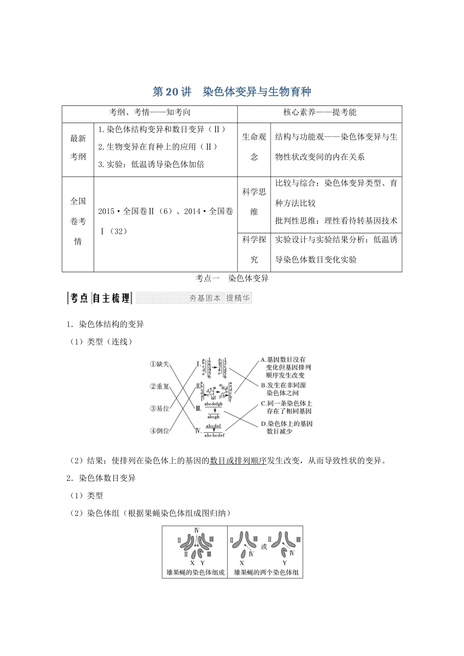 高考生物总复习 第20讲 染色体变异与生物育种教案 苏教版-苏教版高三全册生物教案_第1页