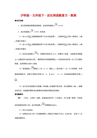 九年级数学下册反比例函数复习教案沪科版