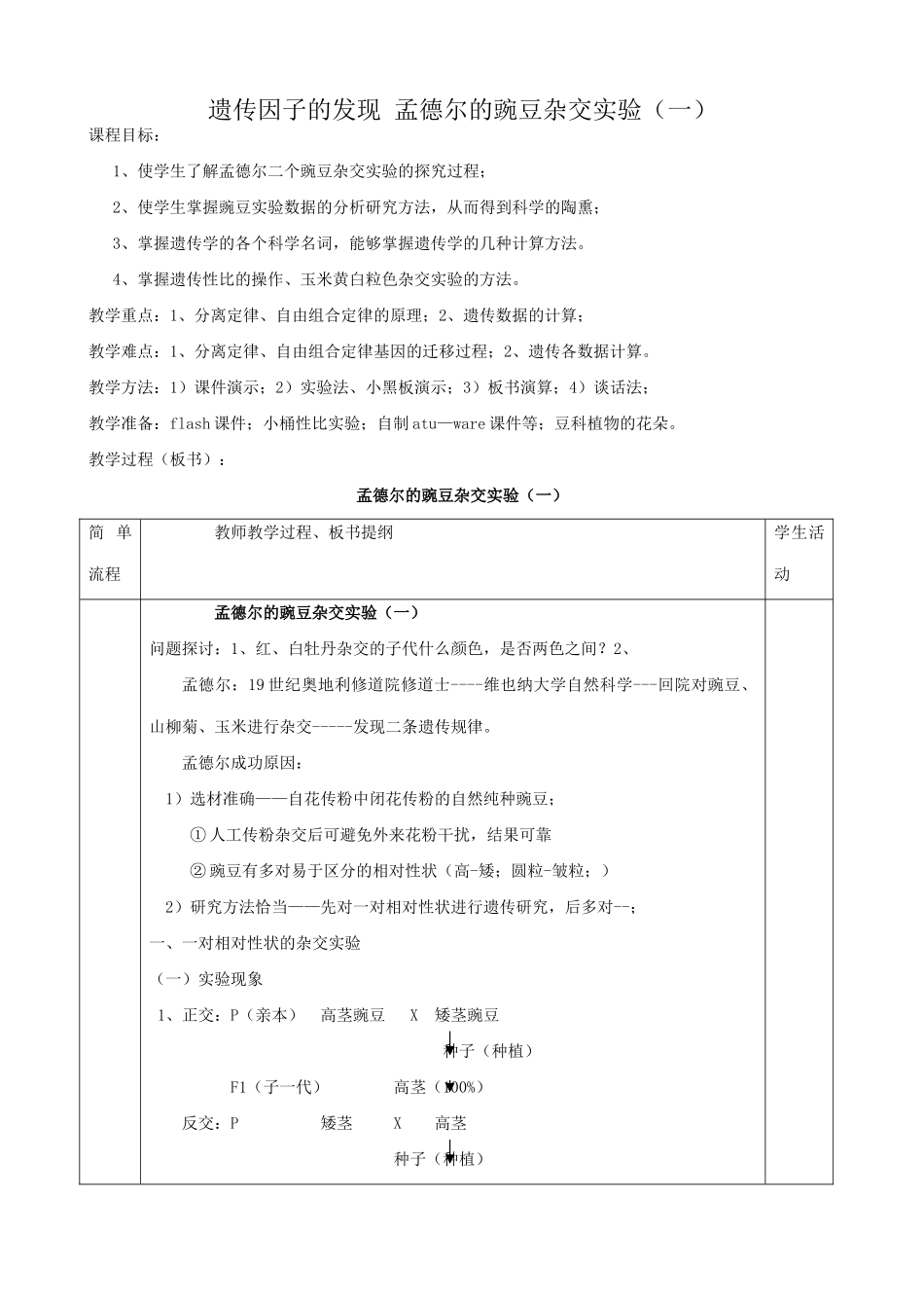 高中生物遗传因子的发现 孟德尔的豌豆杂交实验(一)教案 新课标 人教版 必修2_第1页