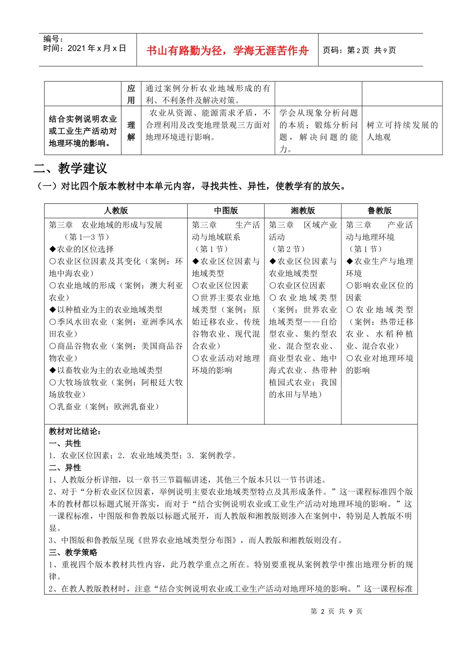农业地域的形成与发展教材分析及教学建议_第2页