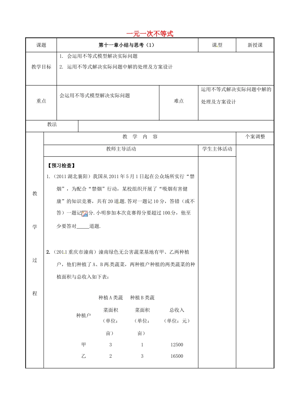 七年级数学下册 第11章 一元一次不等式小结与思考教案1 （新版）苏科版-（新版）苏科版初中七年级下册数学教案_第1页