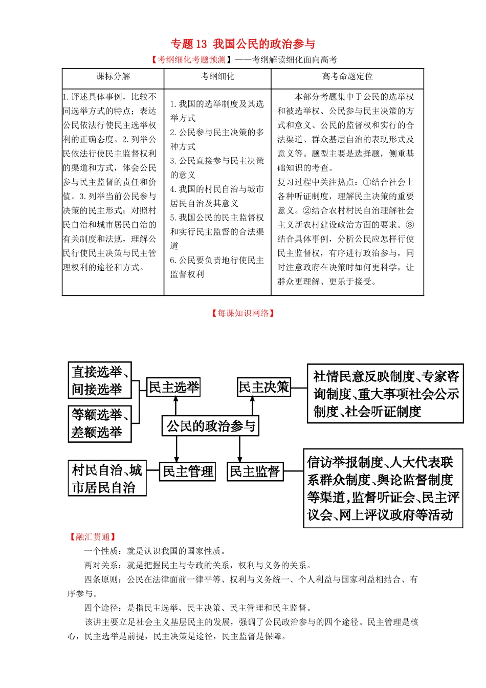 （讲练测）高考政治一轮复习 专题13 我国公民的政治参与（讲）（含解析）新人教版必修2-新人教版高三必修2政治教案_第1页