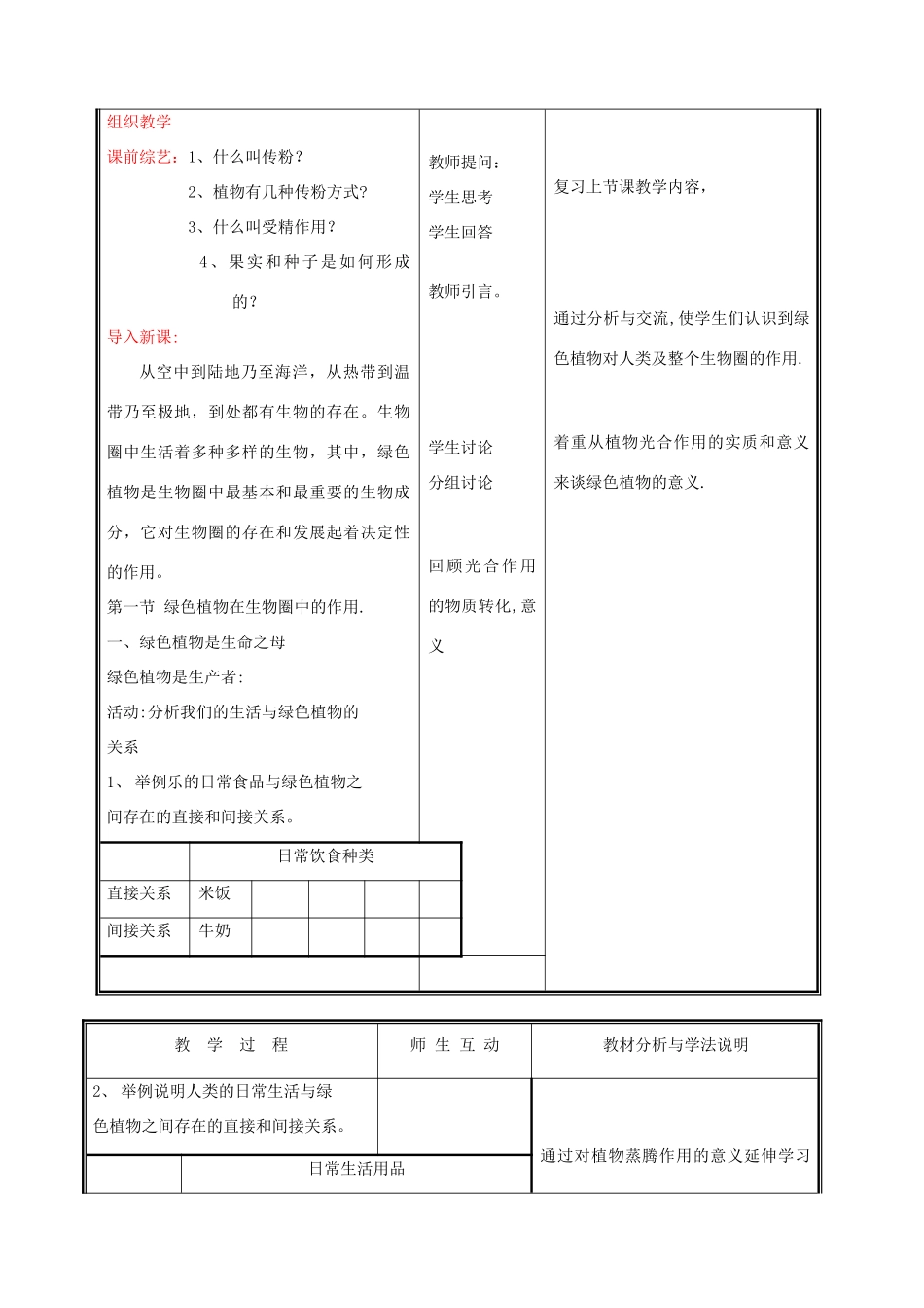 七年级生物上册《绿色植物在生物圈中的作用》教案1 北师大版_第2页