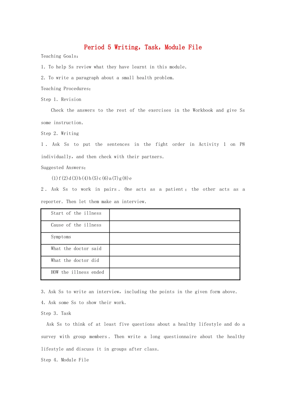 高中英语 Module 1 Our Body and Healthy Habits Period 5 Writing，Task，Module File教案 外研版必修2-外研版高一必修2英语教案_第1页