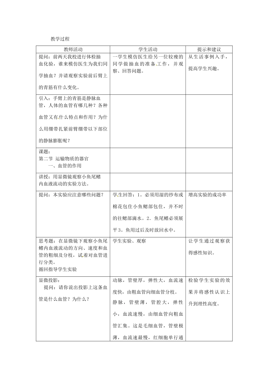 七年级生物下册 第二章《爱护心脏 确保运输》2.2.1 血管的作用教案 （新版）冀教版_第2页