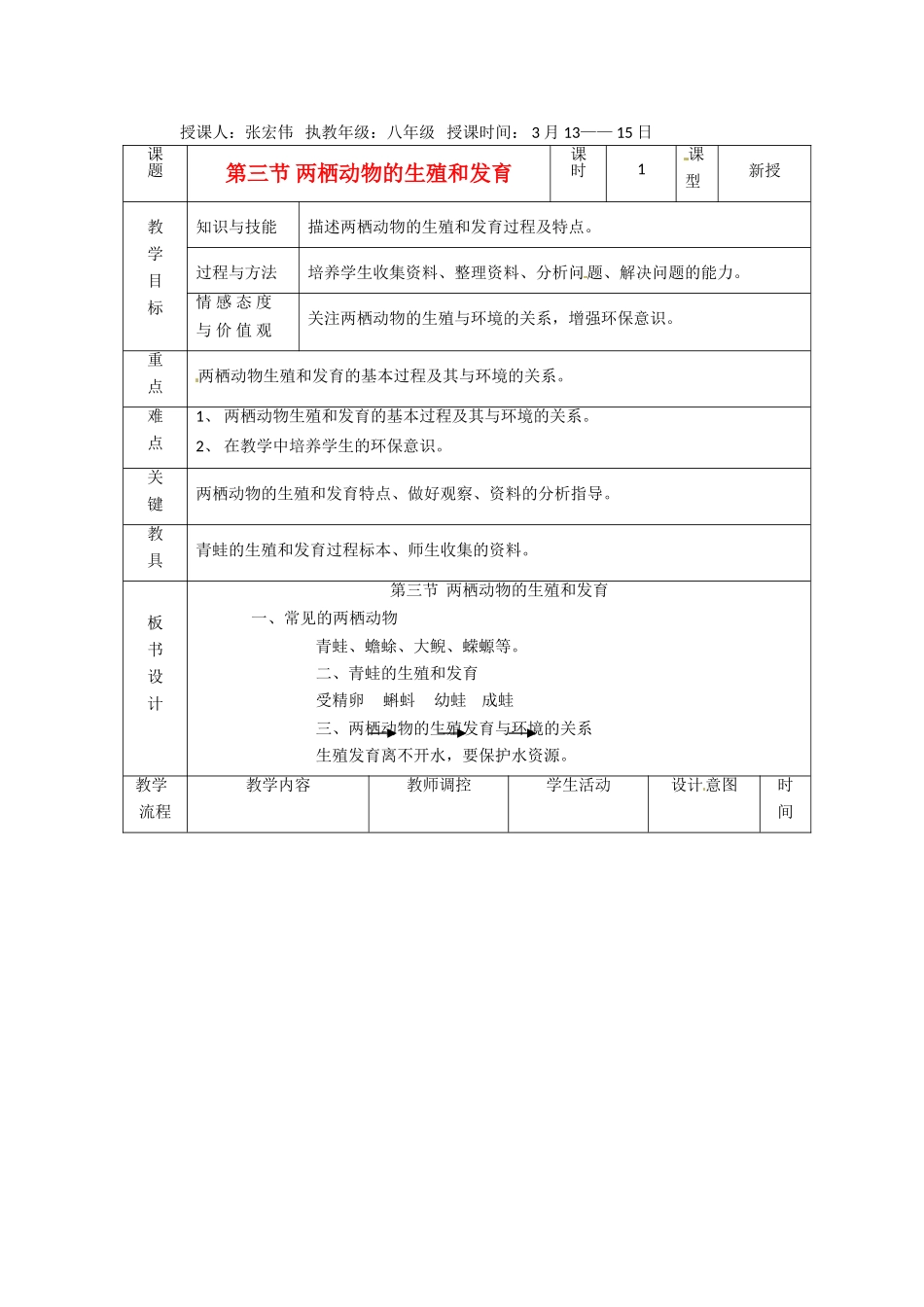 辽宁省大连市第四十二中学八年级生物下册 第三节 两栖动物的生殖和发育教案 新人教版_第1页