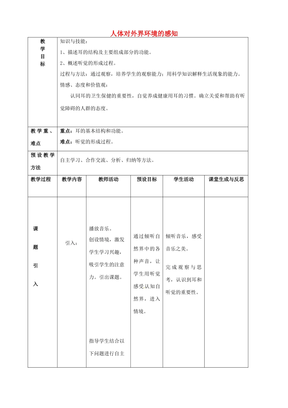 内蒙古乌兰浩特市第十二中学七年级生物下册 4.6.1 人体对外界环境的感知教案 新人教版_第1页