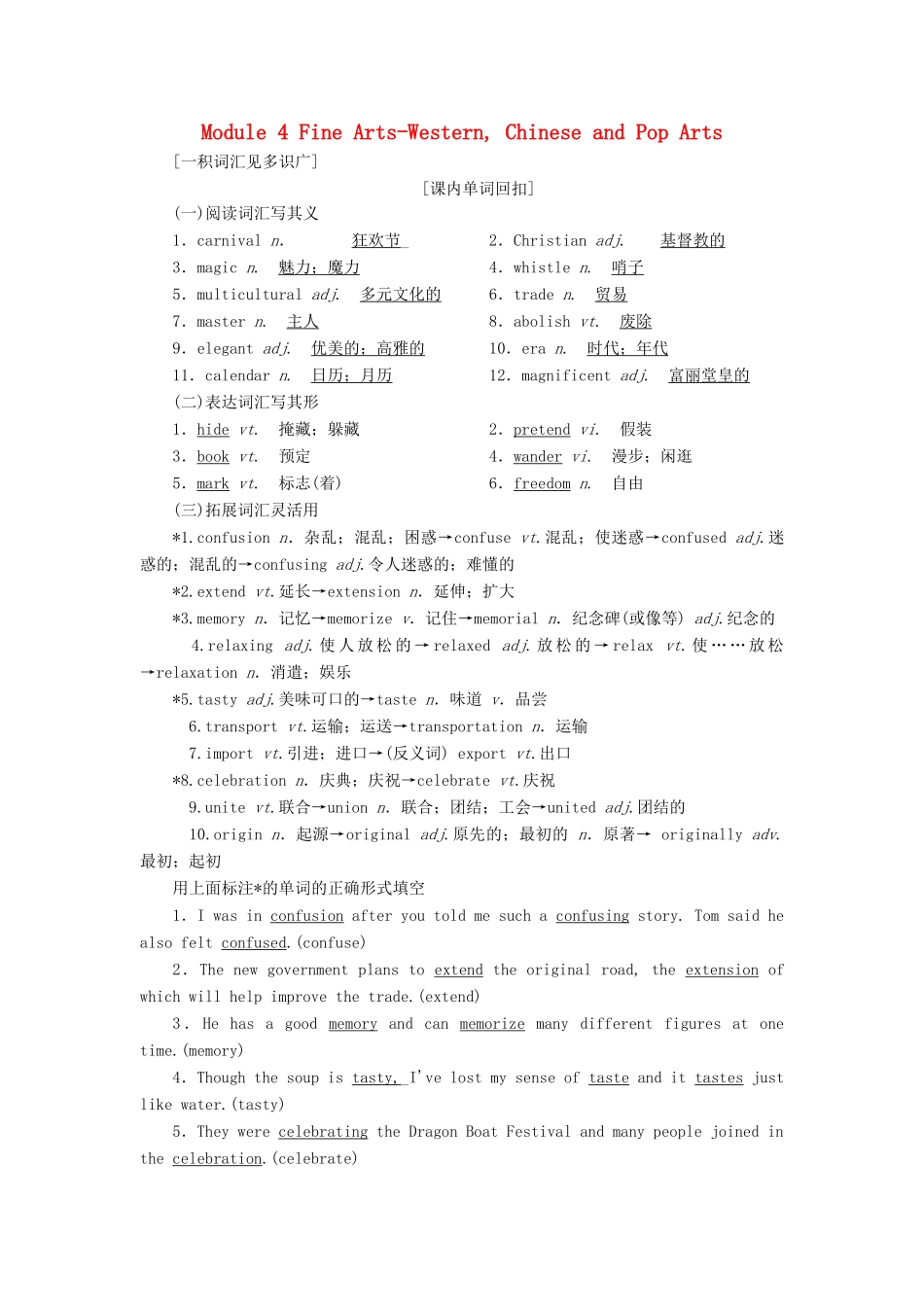 高考英语一轮复习 Module 4 Fine Arts-Western，Chinese and Pop Arts讲义 外研版必修2-外研版高三必修2英语教案_第1页