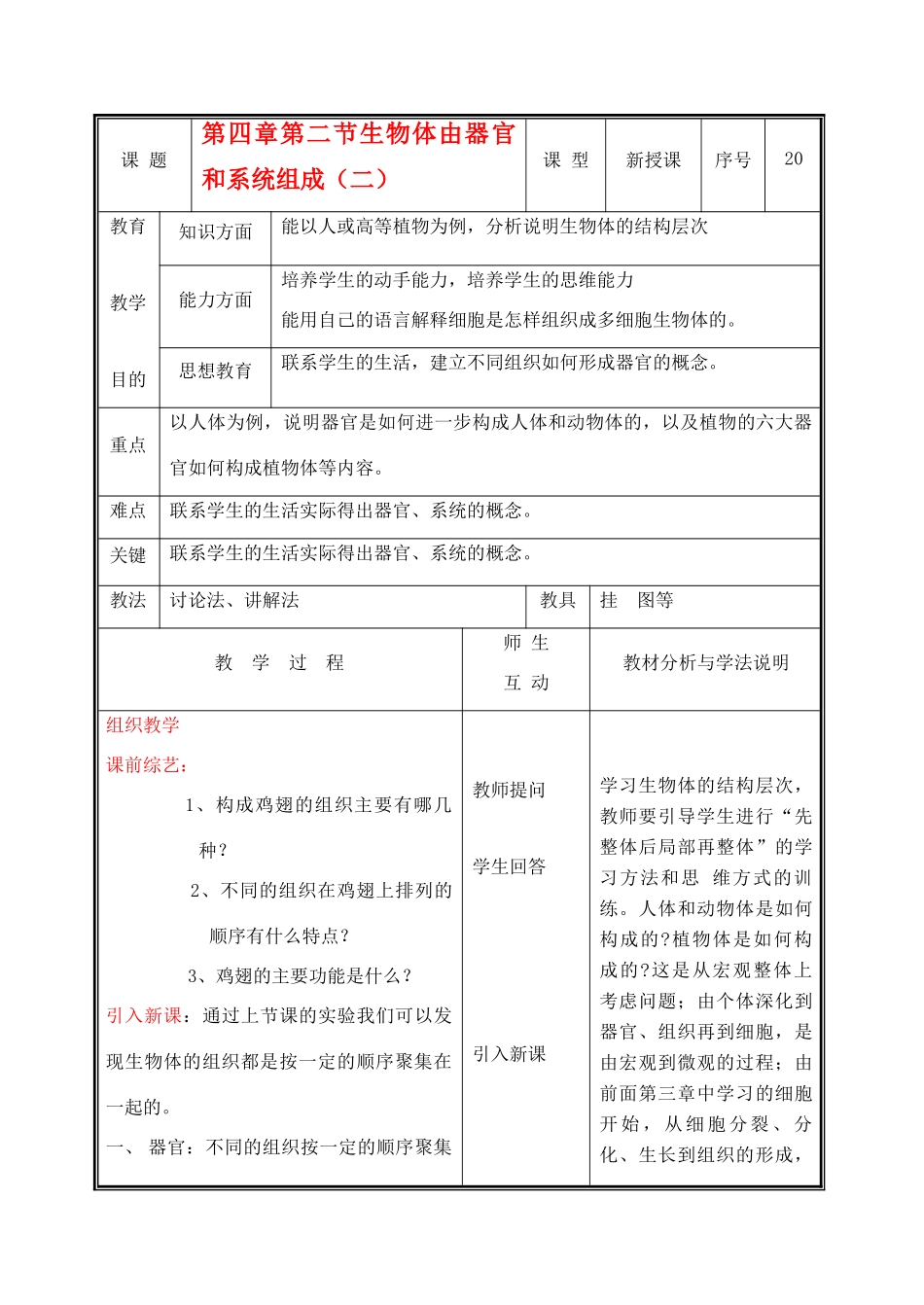 七年级生物上册 2.4.2生物体由器官和系统组成教案(二) 北师大版_第1页