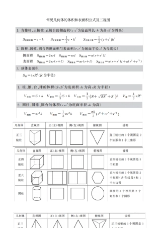 常见几何体的体积和表面积公式与三视图